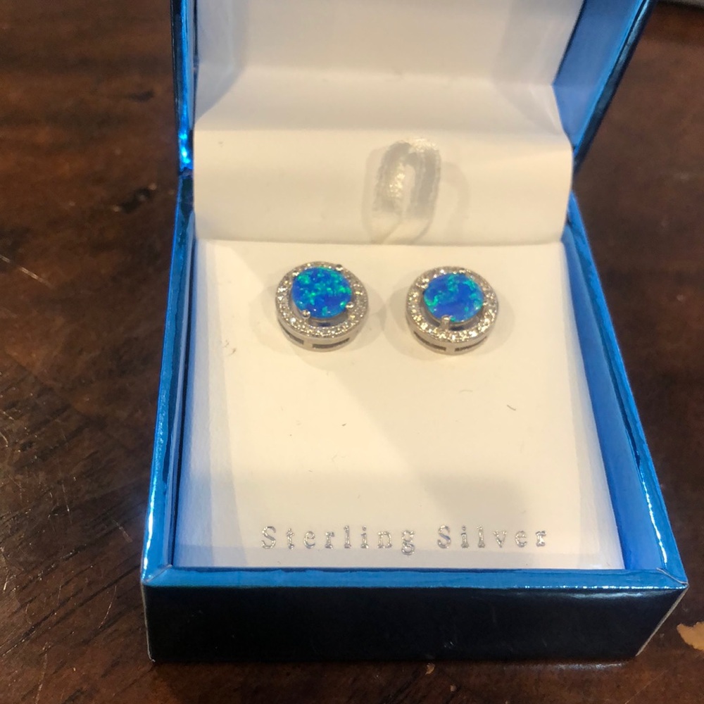 Blue Opal Sterling Silver CZ Halo Studs-Boutique - Picture 2 of 2